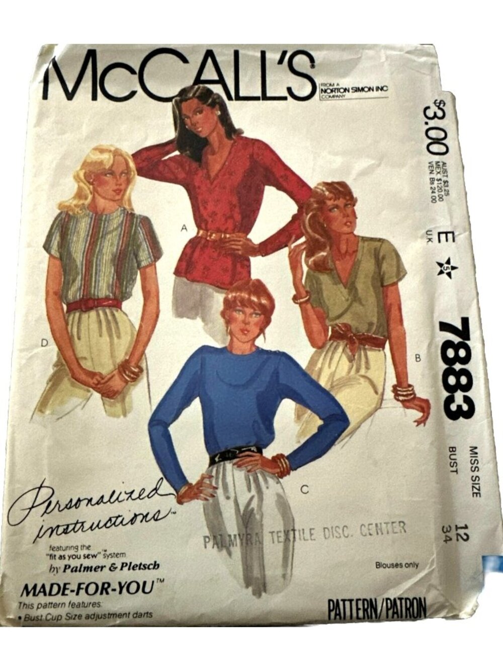 1980s McCalls 7883 Blouse Top Shirt Size 12 Sewing Pattern Women Cut Vintage